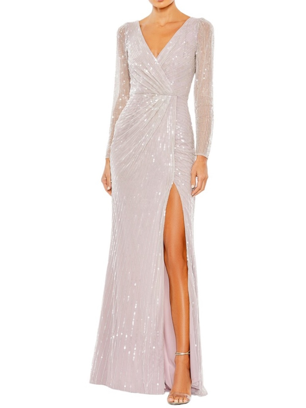 NWT Mac Duggal Sz 6 Sequined Faux Wrap Long Sleeve Lavender Gown 93660